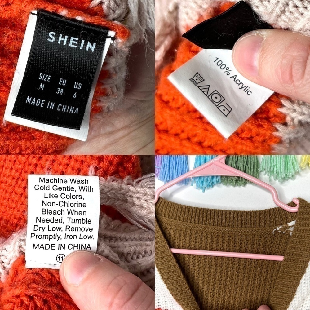 Shein V-Neck Colorblock Blue Orange Drop Shoulder Fringe Hem Sweater Size Medium - Picture 10 of 16